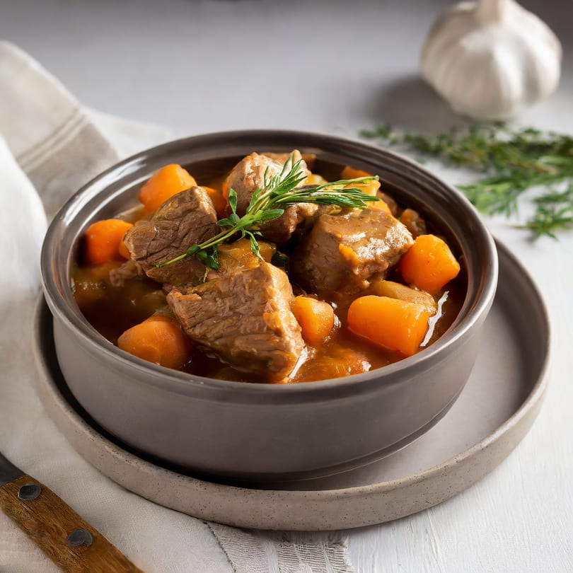 Hearty beef stew with carrots and herbs in a gray bowl on a white table.