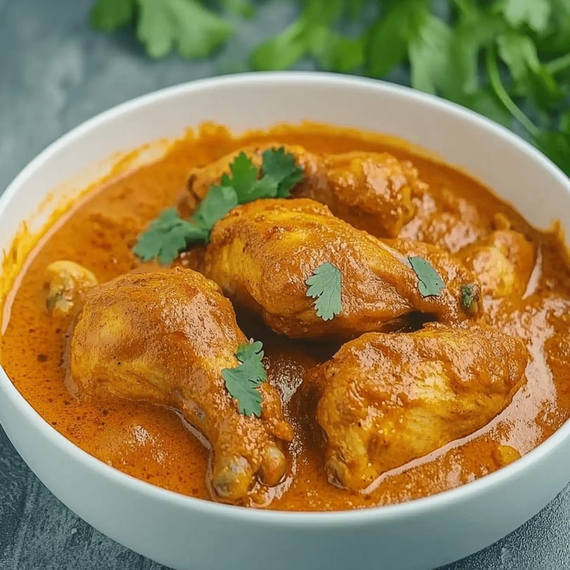 Chicken curry with drumsticks and cilantro in a white bowl, from Everest Momo House.