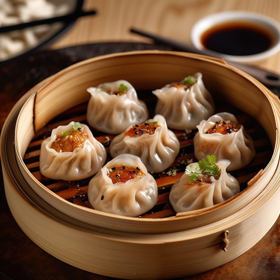 Steaming momos with savory filling and garnishes in a bamboo steamer, with soy sauce in background.