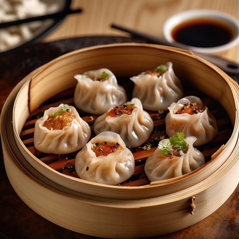Steaming momos with savory filling and garnishes in a bamboo steamer, with soy sauce in background.